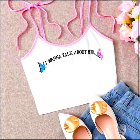 HOST PICK❣️Shein “I wanna talk about me” Y2K Butterfly Logo Cami Top Sz S - Picture 2 of 5